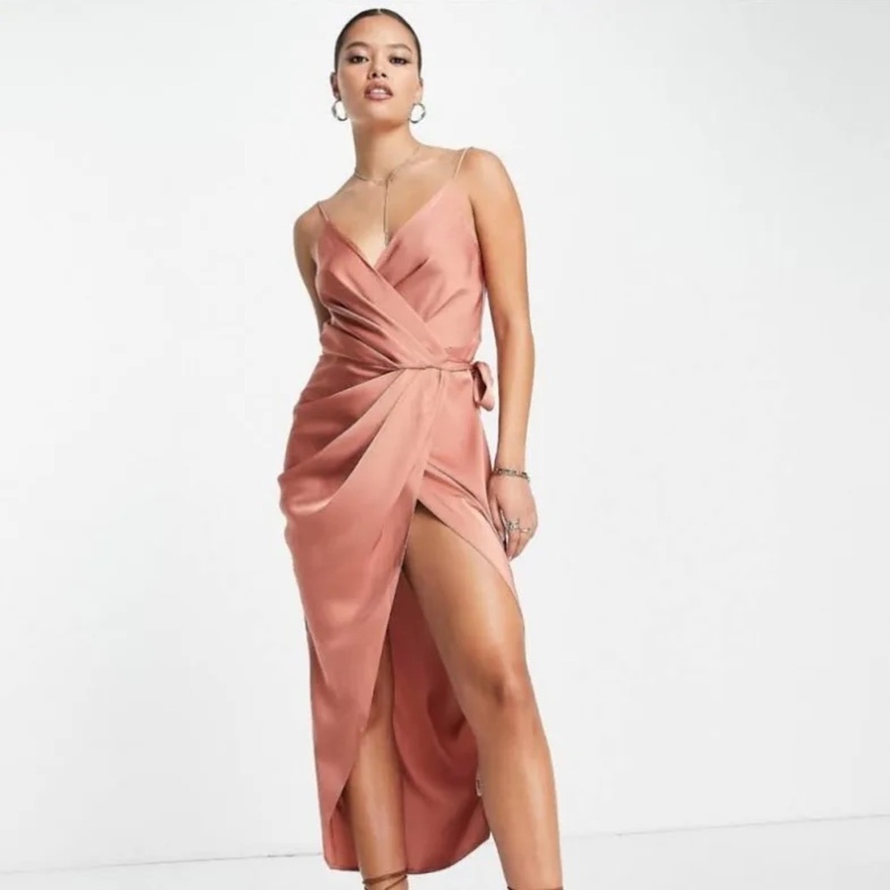 ASOS Dress | ASOS Design Midi Wrap Satin Dress Size 12 Terra Cotta / Rust Color